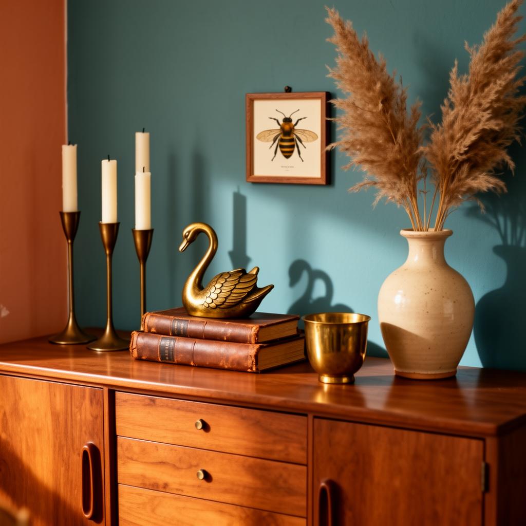 Composition vintage : sideboard en bois, figurine cygne en laiton, bougeoirs, vase et illustration encadrée d'abeille